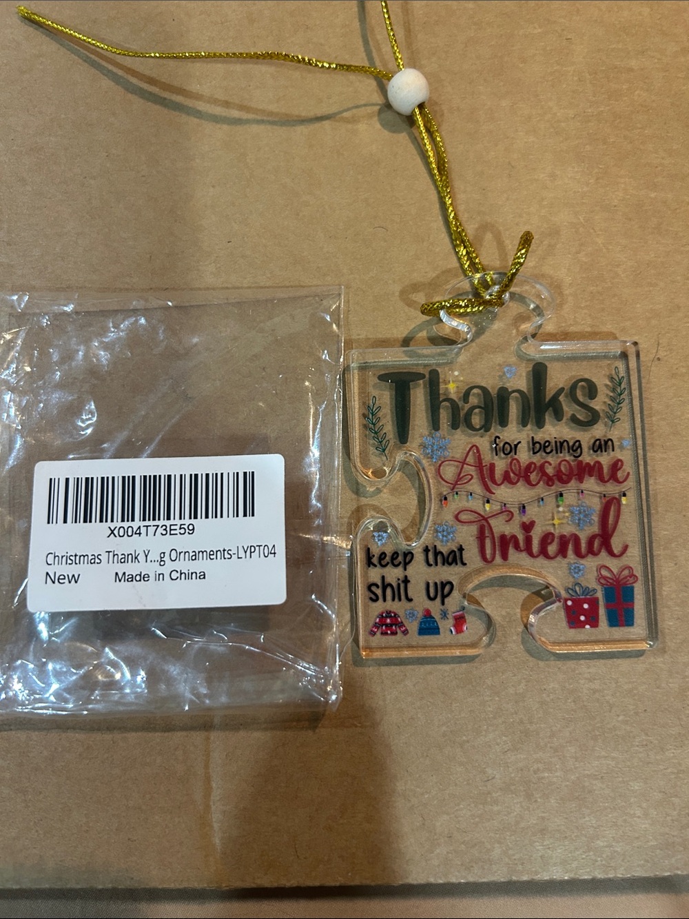 Amazon Clear Puzzle Ornament with Gold Cord - Red, Black, Blue, Pink, Green